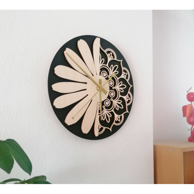 Sentop - Drewniany zegar ścienny kwiat życia model: MDF czarny / sklejka topolowa