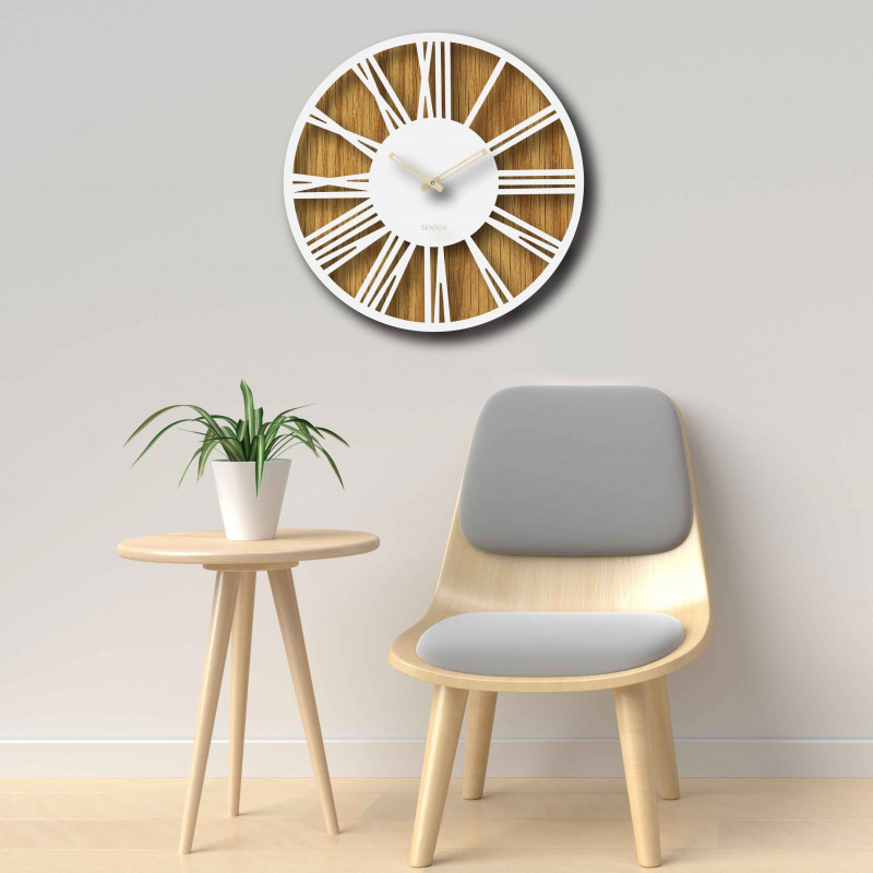 Nowoczesny drewniany zegar ścienny o minimalistycznym, geometrycznym wzornictwie