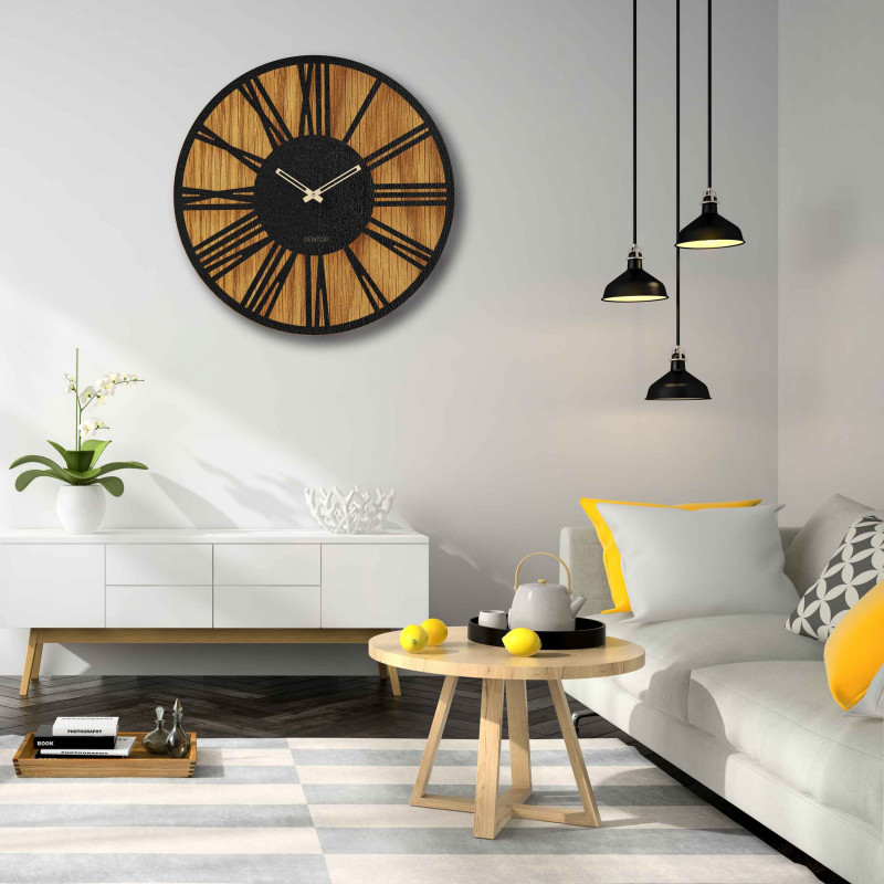 Nowoczesny drewniany zegar ścienny o minimalistycznym, geometrycznym wzornictwie