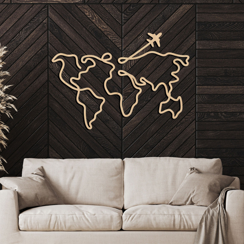Zaprojektuj drewnianą mapę świata na ścianie - minimalistyczne linie