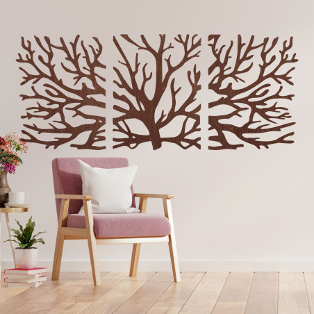 Trzyczęściowy obraz na drewnie - Majestatyczne drzewo z gałęziami, tryptyk leśny, naturalna dekoracja ścienna