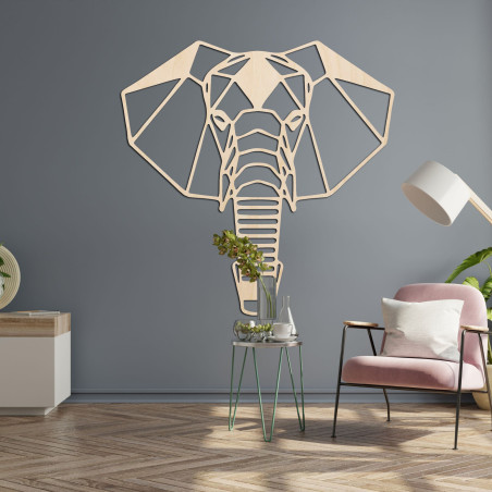 Geometryczna drewniana dekoracja ścienna w kształcie słonia w nowoczesnym, minimalistycznym stylu