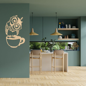 Uroczy drewniany obraz ścienny przedstawiający sowę w filiżance | Sowa 2