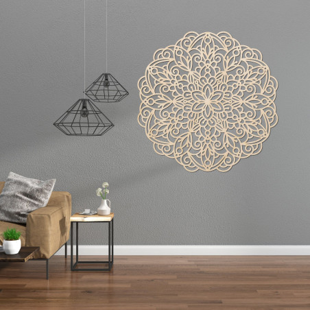 Elegancka drewniana mandala na ścianie w nowoczesnym wnętrzu w stylu boho