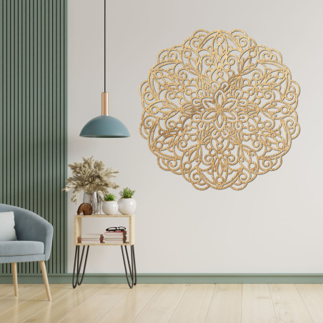 Elegancka drewniana mandala na ścianie w nowoczesnym wnętrzu w stylu boho
