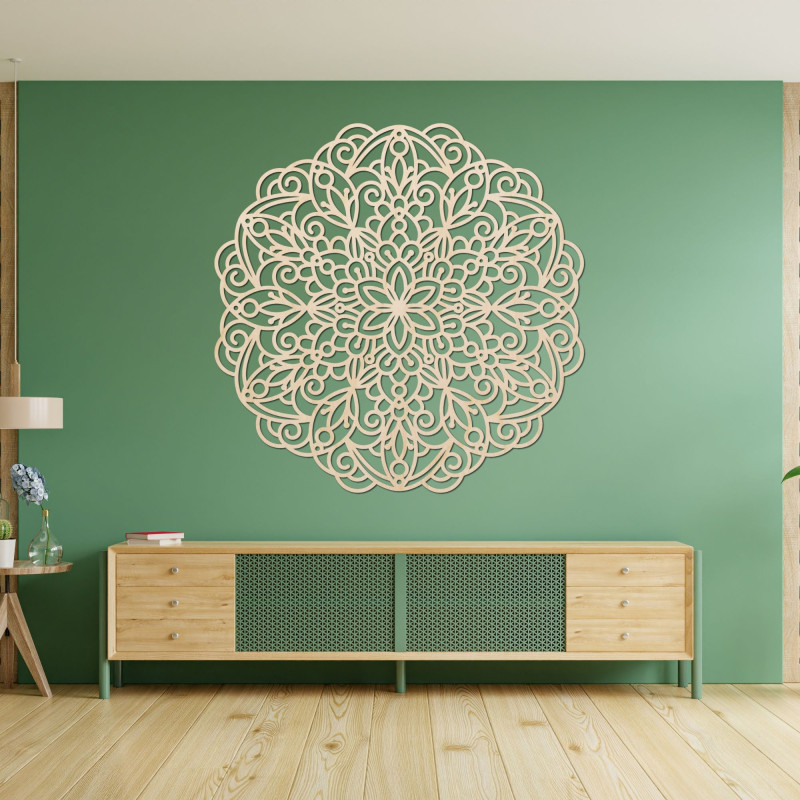 Elegancka drewniana mandala na ścianie w nowoczesnym wnętrzu w stylu boho