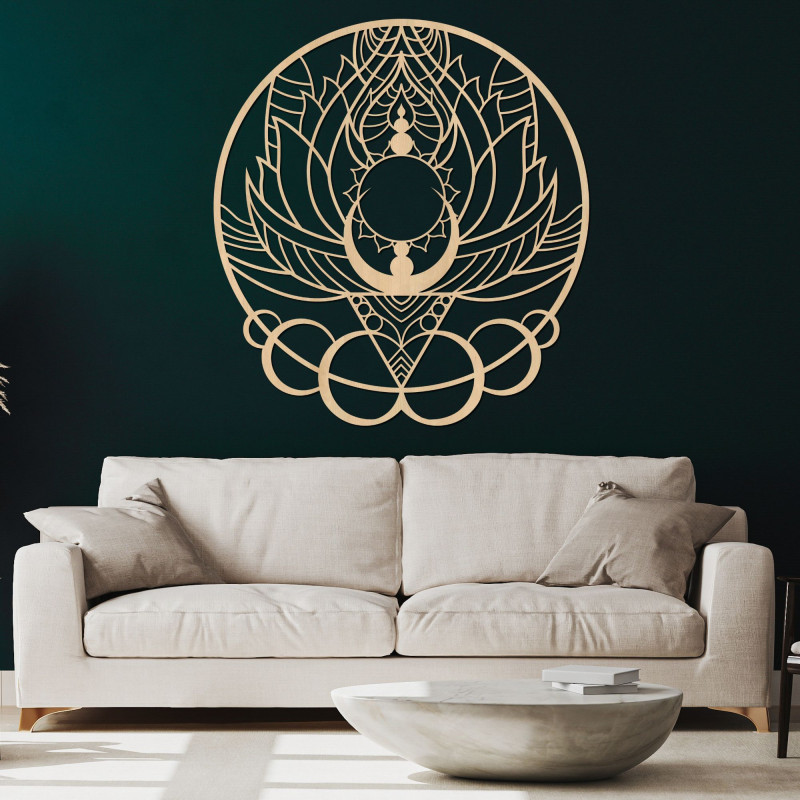 Artystyczna drewniana dekoracja mandala kwiat i słońce