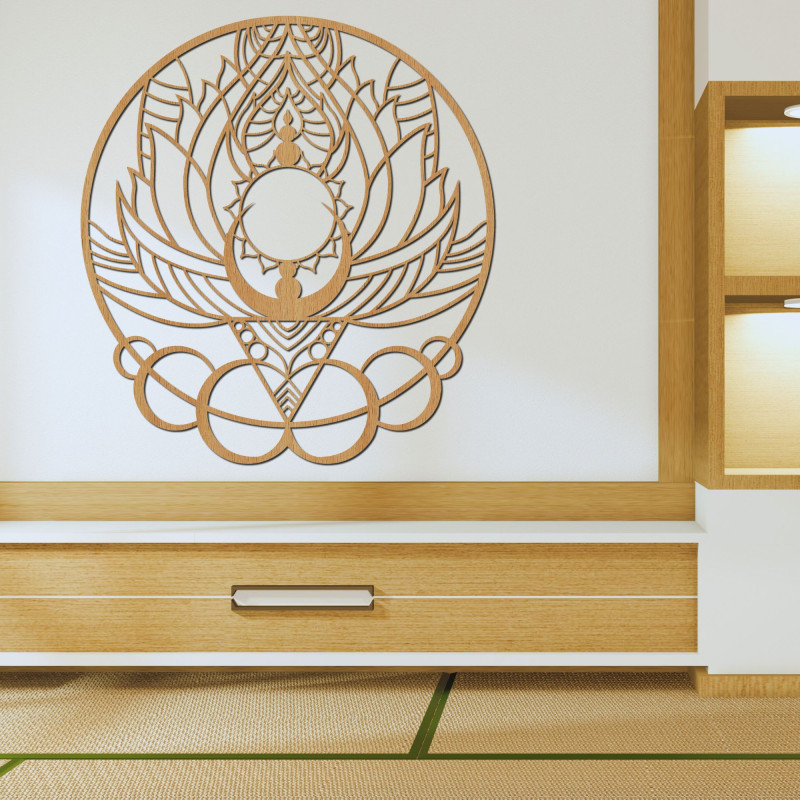 Artystyczna drewniana dekoracja mandala kwiat i słońce