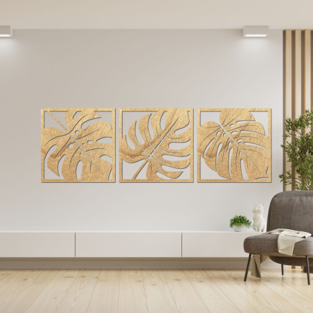 Drewniany obraz Monstera – dekoracja ścienna w 3 częściach Drewniany obraz Monstera – dekoracja ścienna w 3 częściach