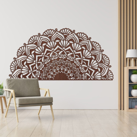 Luksusowa, drewniana, półokrągła mandala do stylowego wnętrza w stylu boho.