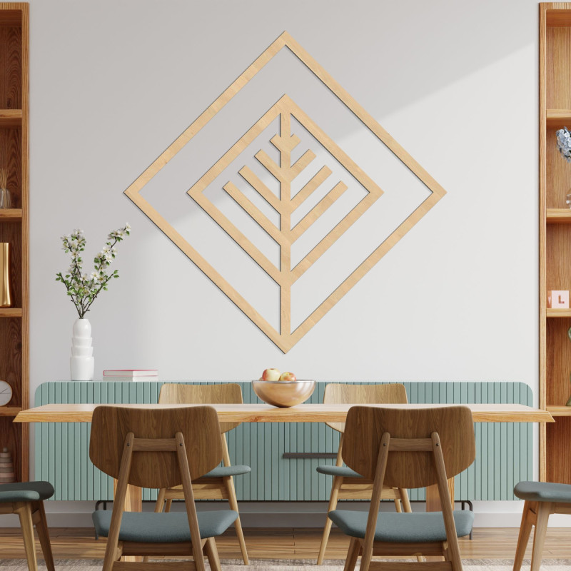 Nowoczesna, geometryczna, drewniana dekoracja ścienna do stylowego wnętrza