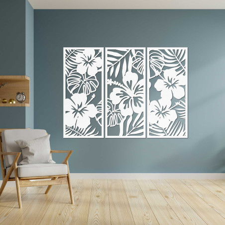 3-częściowy drewniany obraz z kwiatem Ibisztek - DROBERE