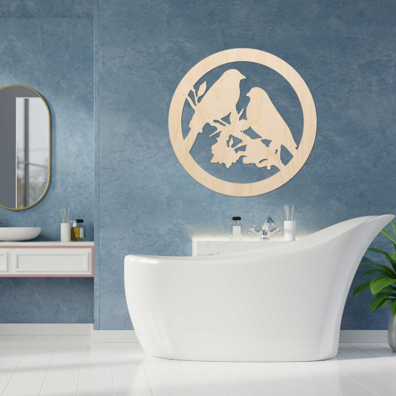 Drewniane malowidło ścienne przedstawiające ptaki na gałęzi