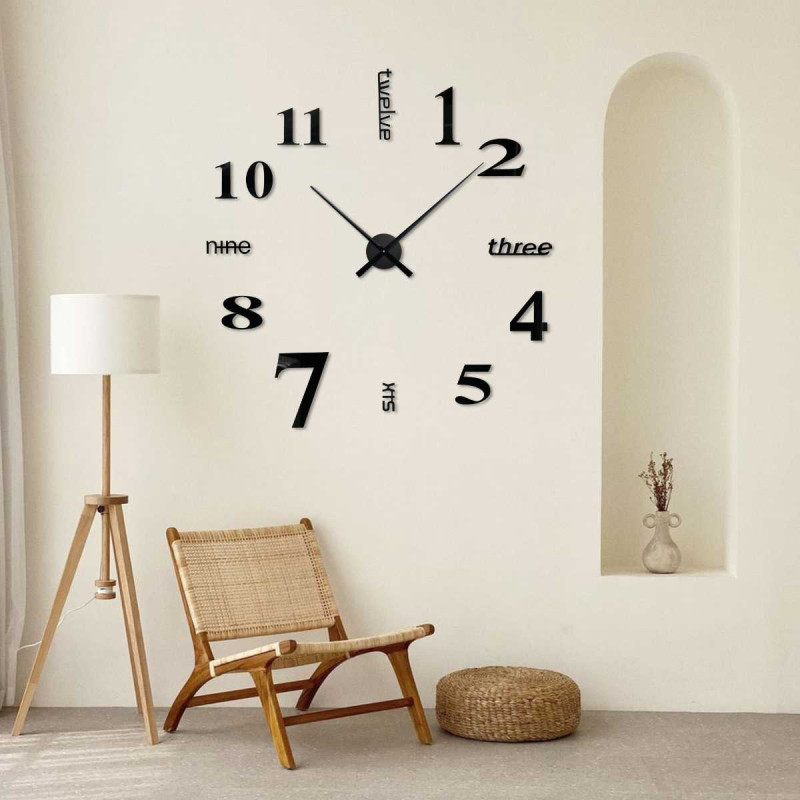 Designerski zegar naklejkowy z liczbami wyświetlanymi w różnych czcionkach.