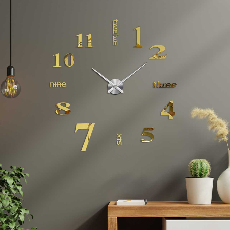 Designerski zegar naklejkowy z liczbami wyświetlanymi w różnych czcionkach.