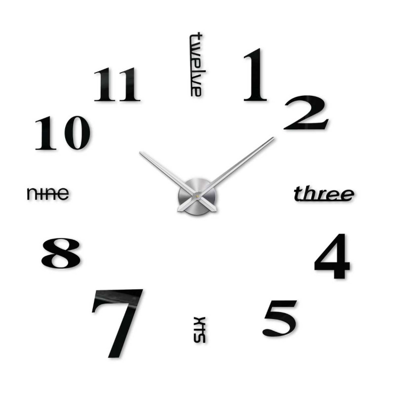 Samoprzylepny zegar z charakterystycznymi wskazówkami i niekonwencjonalną typografią cyfr.
