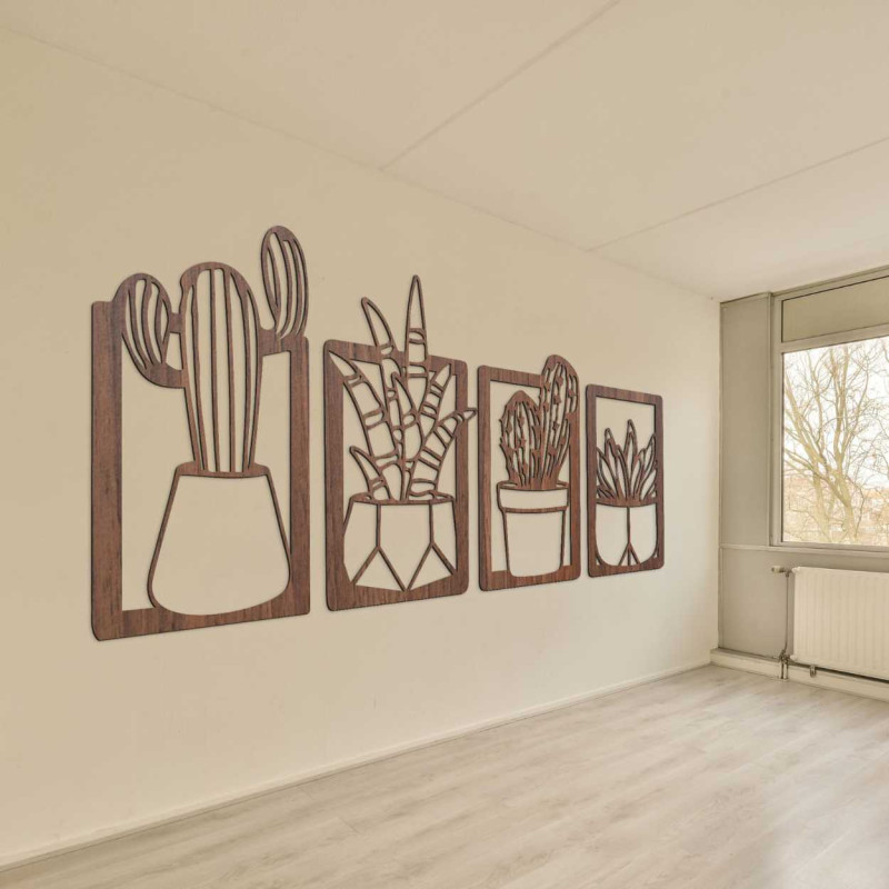 Rustykalna drewniana dekoracja z subtelnymi motywami roślin doniczkowych