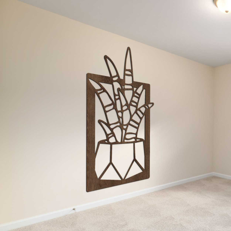 Drewniana dekoracja ścienna z czterema motywami sukulentów i kaktusów w doniczkach