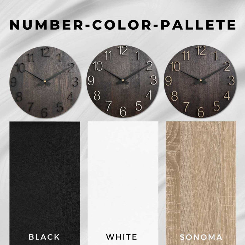 Okrągły drewniany zegar z subtelnym, naturalnym motywem i czytelnymi cyframi.