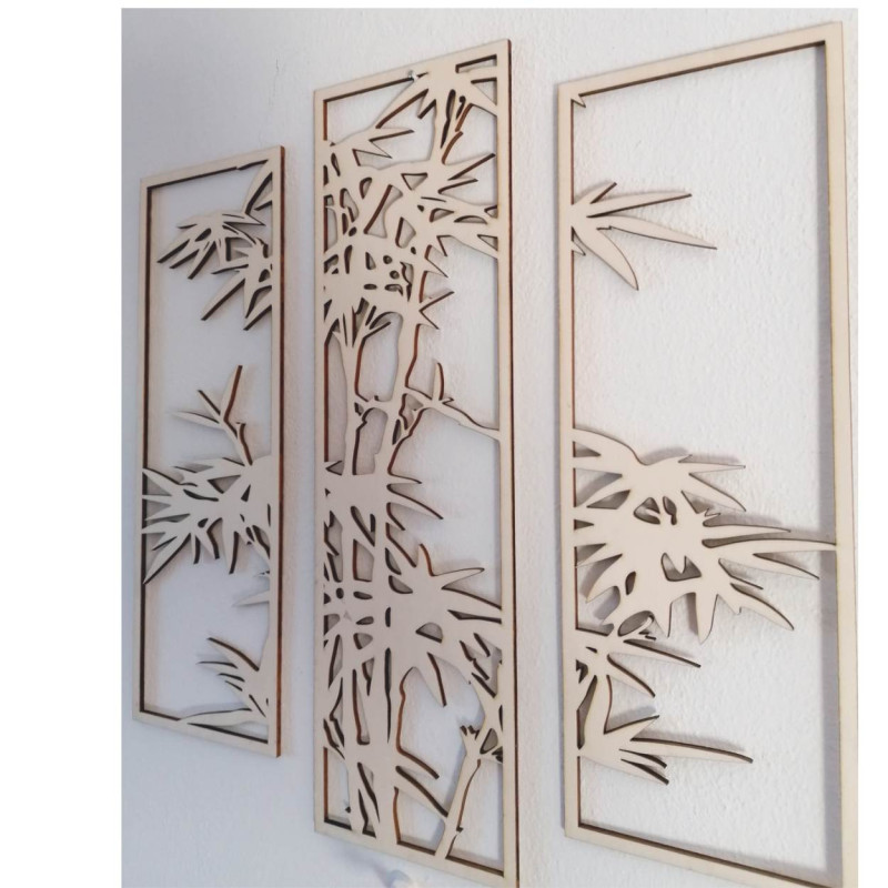 Czarny, trzyczęściowy obraz metalowy z bambusem – stylowy dodatek do salonu lub biura