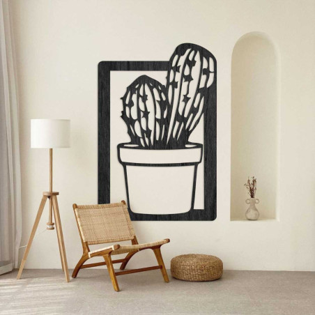 Elegancka drewniana dekoracja ścienna z minimalistycznym wzorem kaktusa. Elegancka drewniana dekoracja ścienna z minimalistycznym wzorem kaktusa.