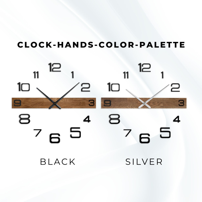 Designerski drewniany zegar ścienny z ciemnymi wskazówkami i oddzielnymi, dużymi cyframi.