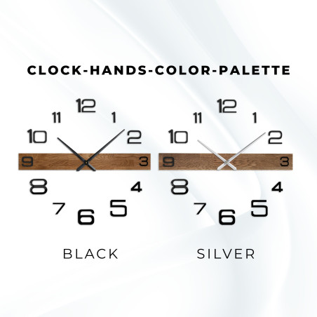 Designerski drewniany zegar ścienny z ciemnymi wskazówkami i oddzielnymi, dużymi cyframi.