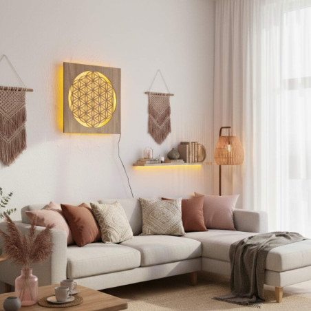 Podświetlany obraz na drewnie Kwiat Życia – dekoracja ścienna LED mandala | MONEN