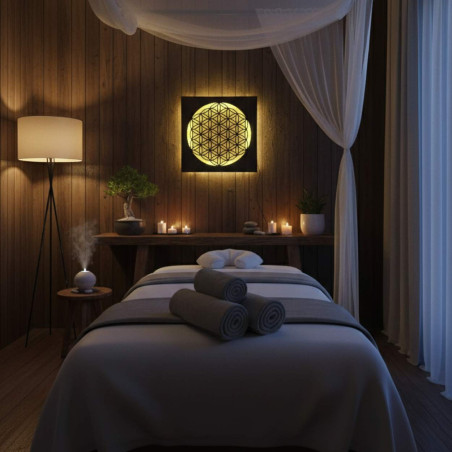 Podświetlana drewniana mandala - ozdoba wnętrza, relaksujące światło i ręcznie rzeźbiona ozdoba.