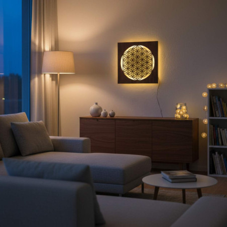 Podświetlana drewniana mandala - ozdoba wnętrza, relaksujące światło i ręcznie rzeźbiona ozdoba.