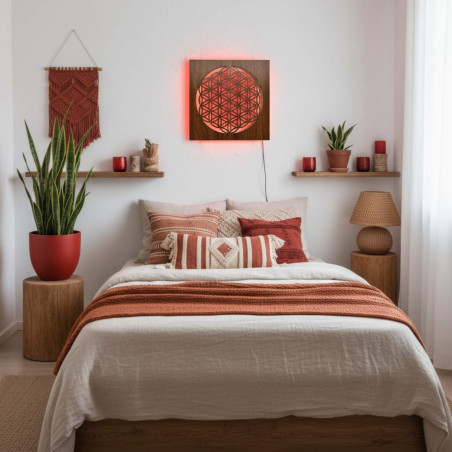 Podświetlana drewniana mandala - ozdoba wnętrza, relaksujące światło i ręcznie rzeźbiona ozdoba.