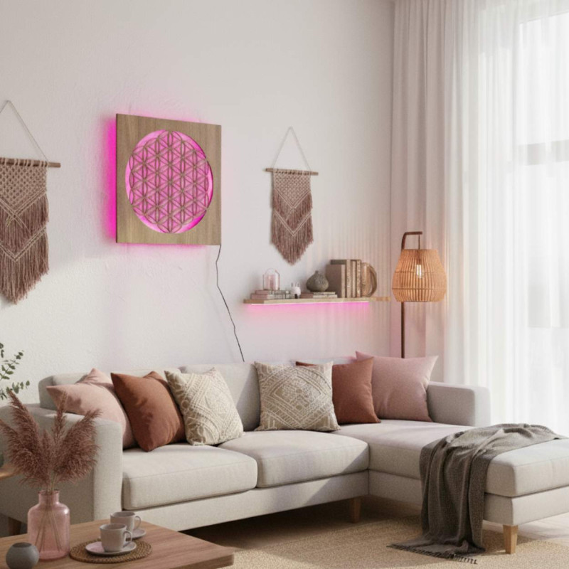 Podświetlana drewniana mandala - ozdoba wnętrza, relaksujące światło i ręcznie rzeźbiona ozdoba.