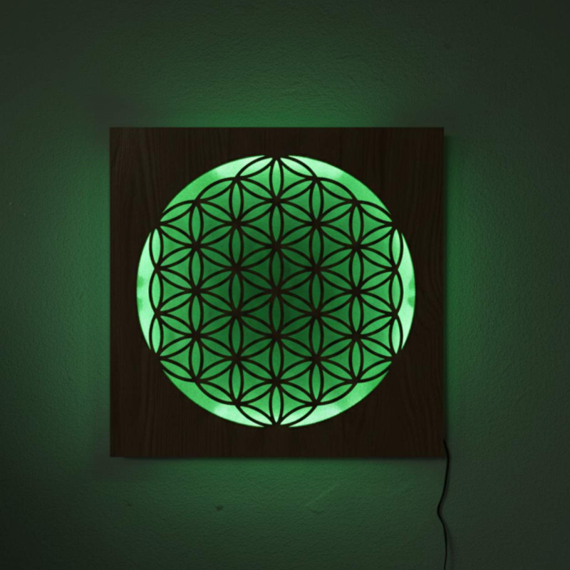 Podświetlana drewniana mandala - ozdoba wnętrza, relaksujące światło i ręcznie rzeźbiona ozdoba.