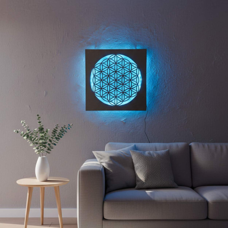 Podświetlana drewniana mandala - ozdoba wnętrza, relaksujące światło i ręcznie rzeźbiona ozdoba.