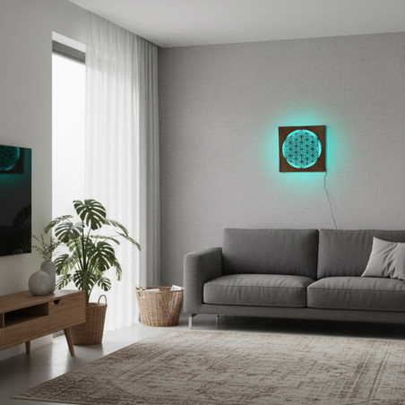 Drewniana mandala z podświetleniem LED - idealna jako dekoracja stołu lub prezent dla miłośników harmonii.