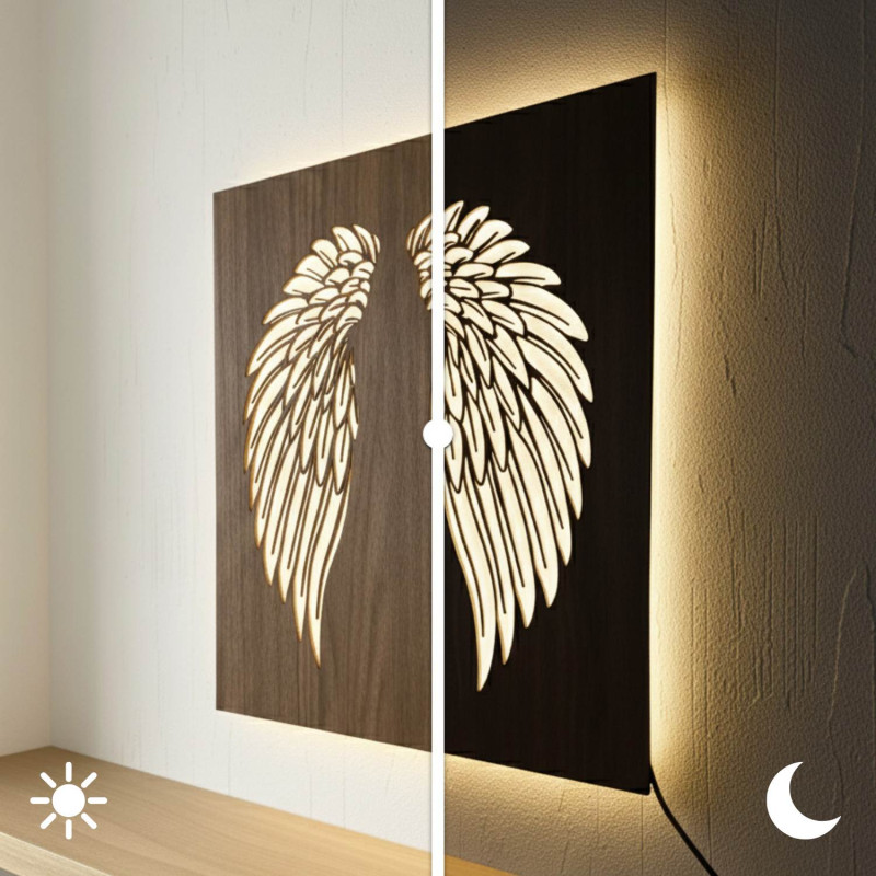 Skrzydła anioła na obrazie podświetlanym LED na ścianie