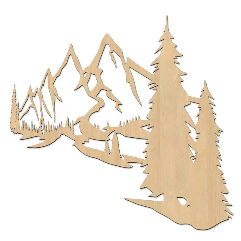 Malowidło ścienne na drewnie z motywem gór i gęstego lasu