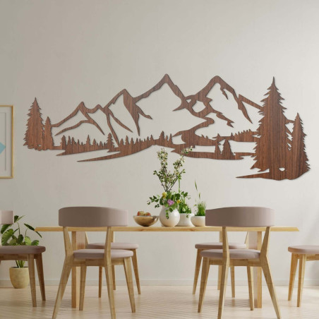 Drewniana dekoracja ścienna - sylwetki gór i drzew w lesie