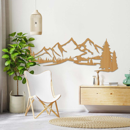 dekoracjaDąb, Panel ścienny z drewna z motywem górskim i lasem