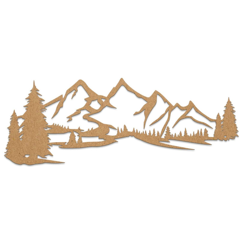 Minimalistyczny obraz na drewnie przedstawiający pasmo górskie i las iglasty