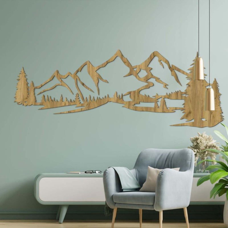 Minimalistyczny obraz na drewnie przedstawiający pasmo górskie i las iglasty