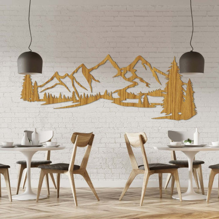 Minimalistyczny obraz na drewnie przedstawiający pasmo górskie i las iglasty