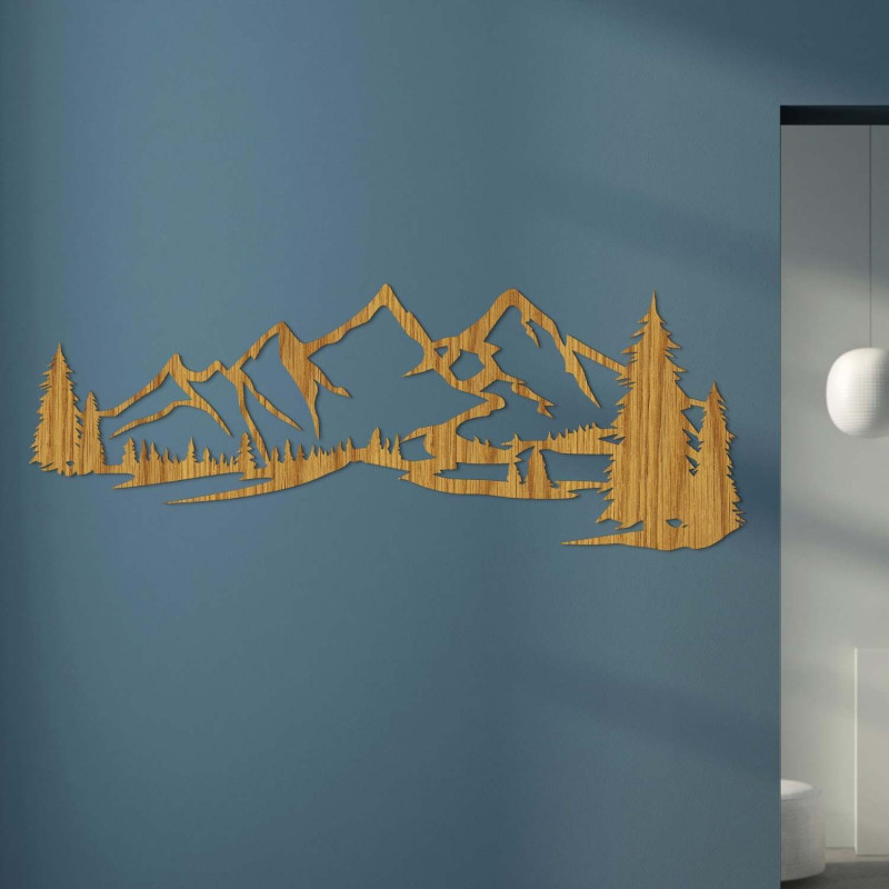 Minimalistyczny obraz na drewnie przedstawiający pasmo górskie i las iglasty