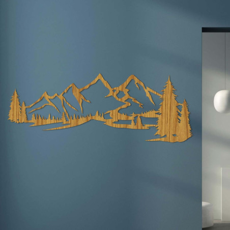 Minimalistyczny obraz na drewnie przedstawiający pasmo górskie i las iglasty