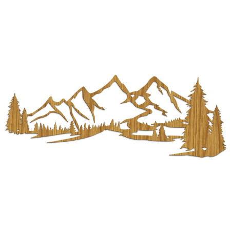 Minimalistyczny obraz na drewnie przedstawiający pasmo górskie i las iglasty