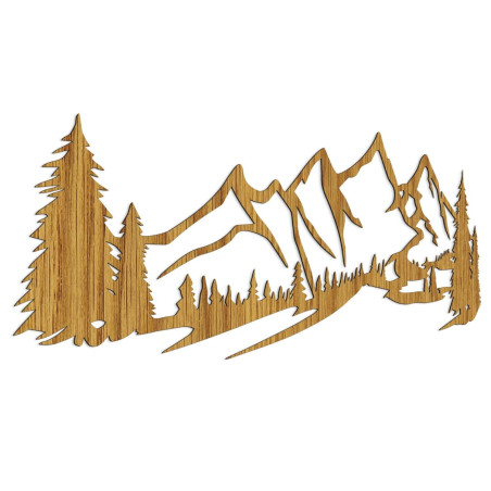 Minimalistyczny obraz na drewnie przedstawiający pasmo górskie i las iglasty