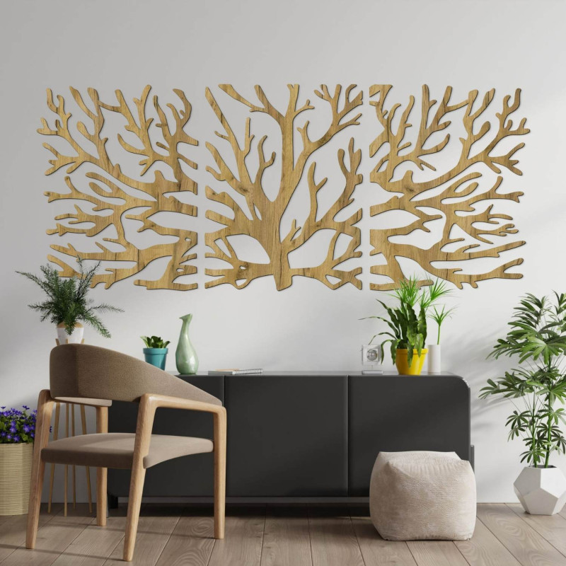 Designerski obraz na drewnie Drzewo Życia jako dominujący element salonu