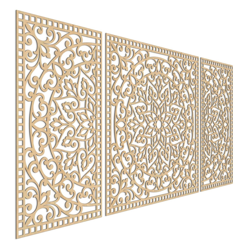 Trzyczęściowa drewniana mandala – nowoczesna dekoracja każdego wnętrza