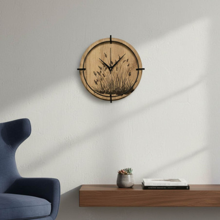 Zegar ścienny z naturalnego drewna z motywem roślinnym