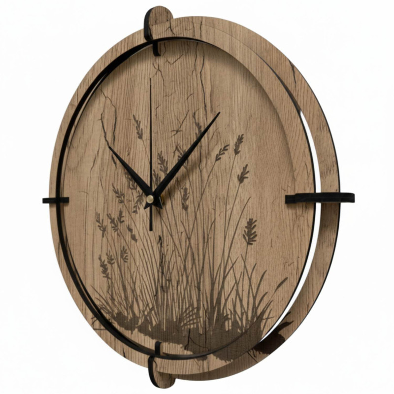 Drewniany zegar z motywem trawy | Dąb Halifax